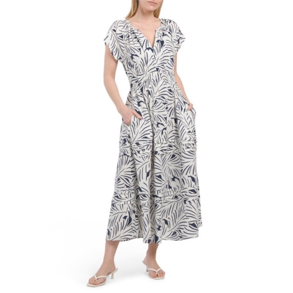 Nicole Miller White Maxi Dress with Navy Leaf Print